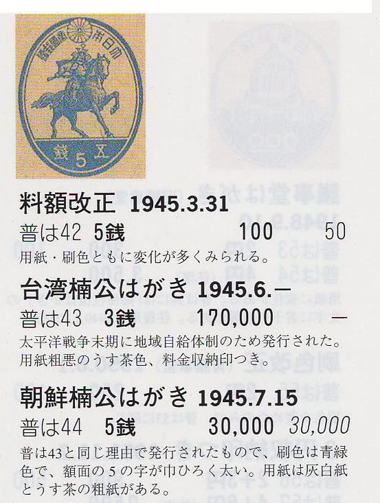 楠公はがき（料額改正）5銭／台湾楠公はがき3銭／朝鮮楠公はがき5銭