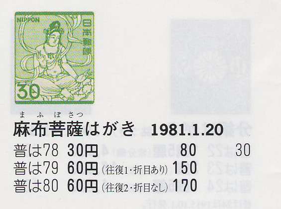 麻布菩薩はがき30円・60円（往復）折り目あり／60円（往復）折り目なし